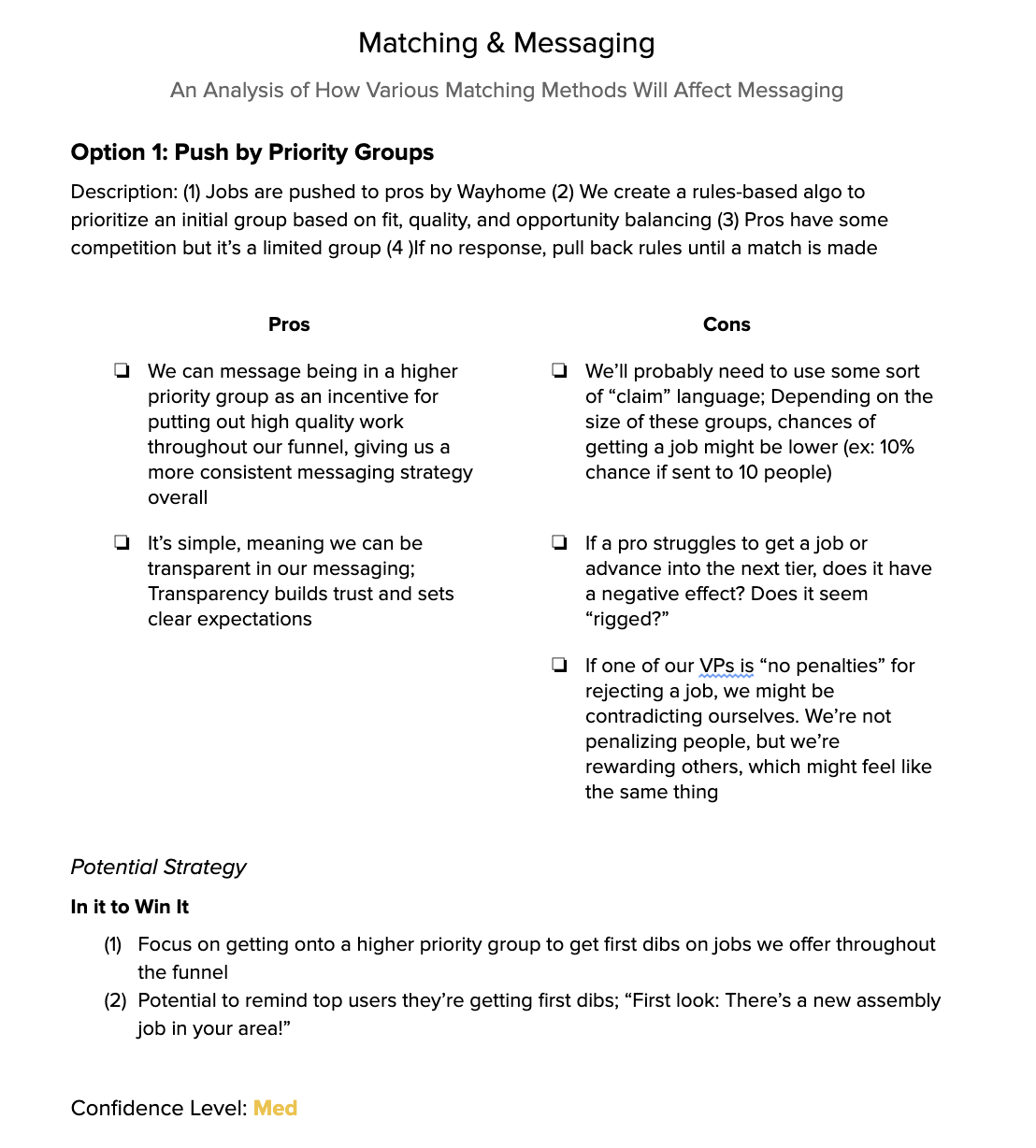 document outlining an algorithm for job matching with a list of pros and cons