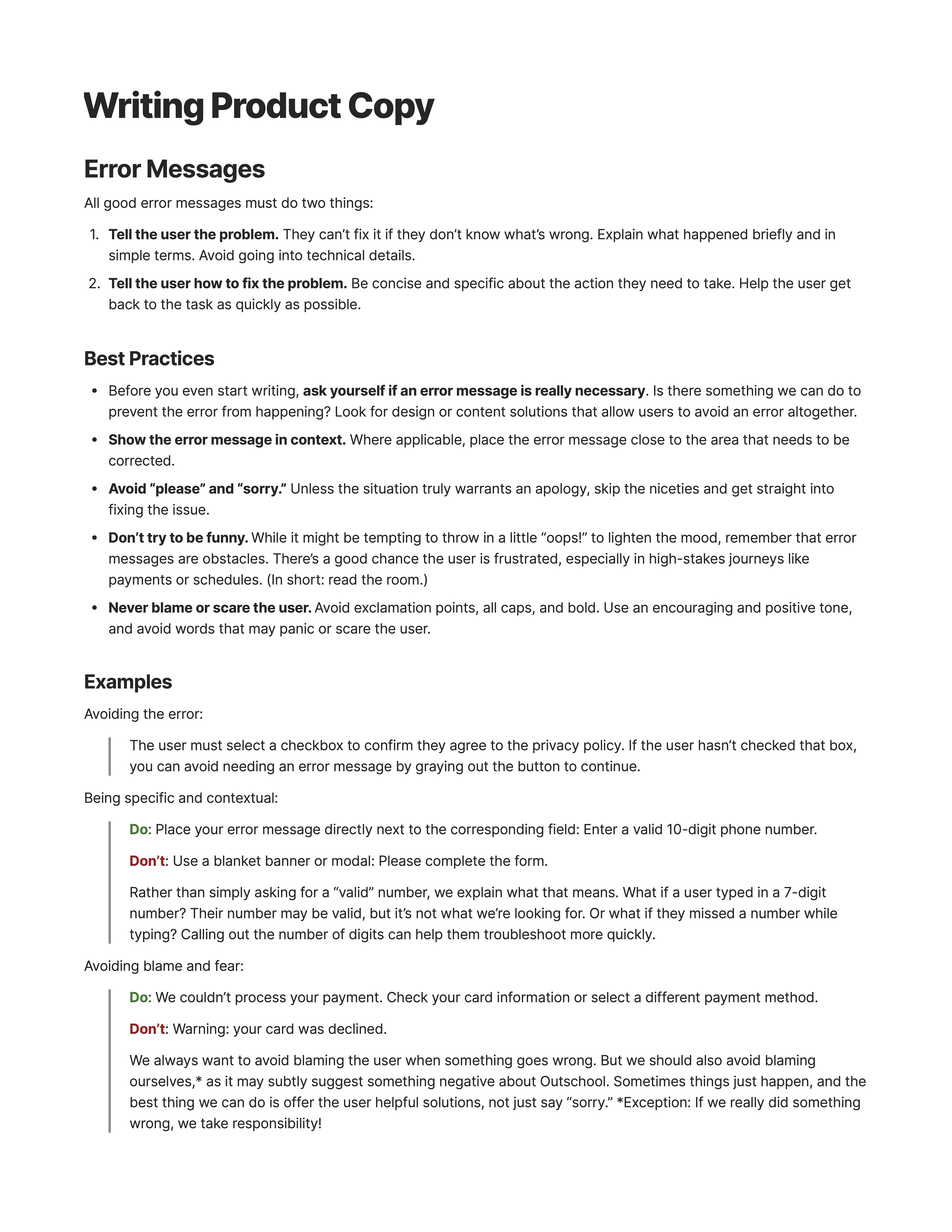 Screenshot of a document containing a list of best practices for writing error messages