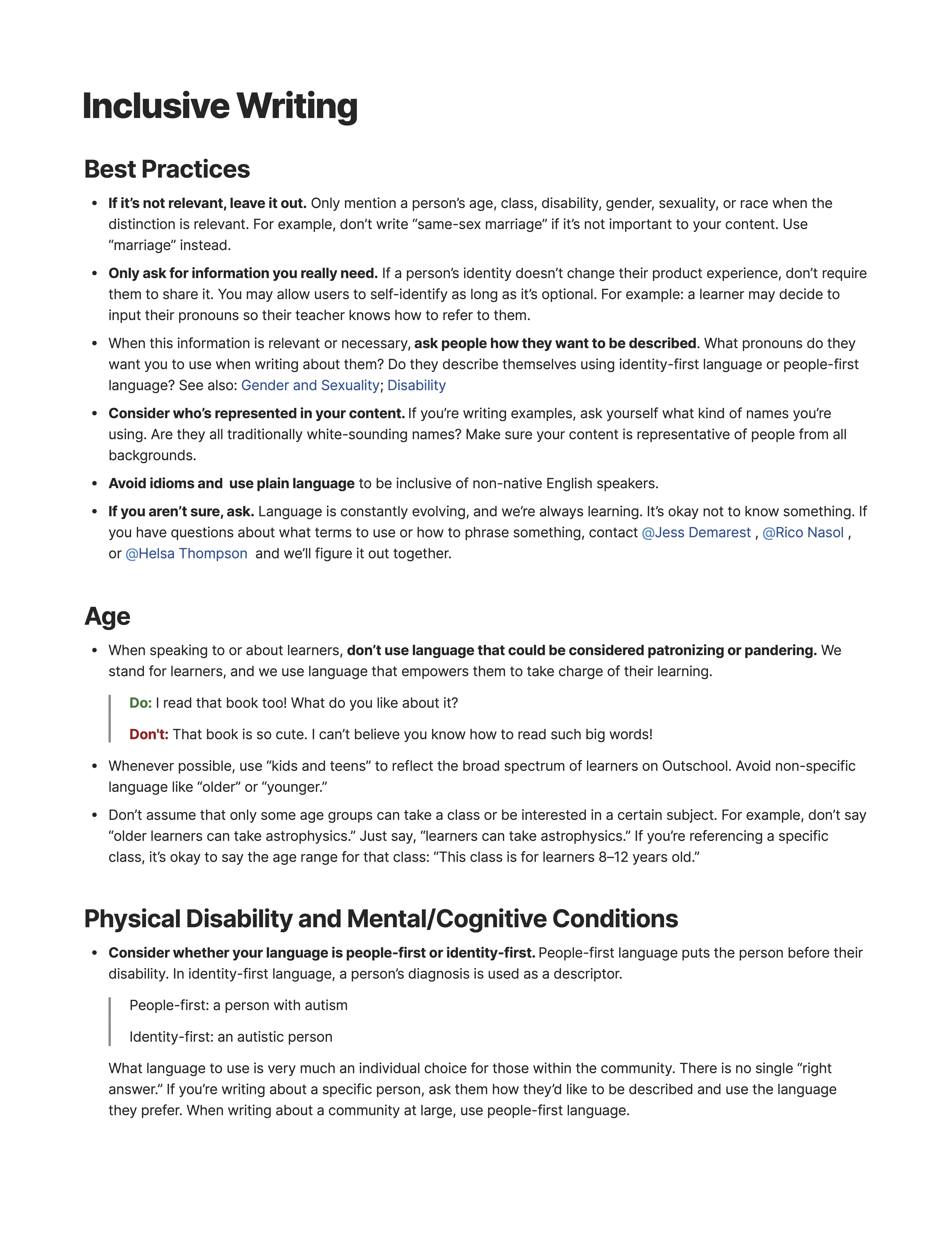 Screenshot of a document containing a list of best practices for writing inclusively