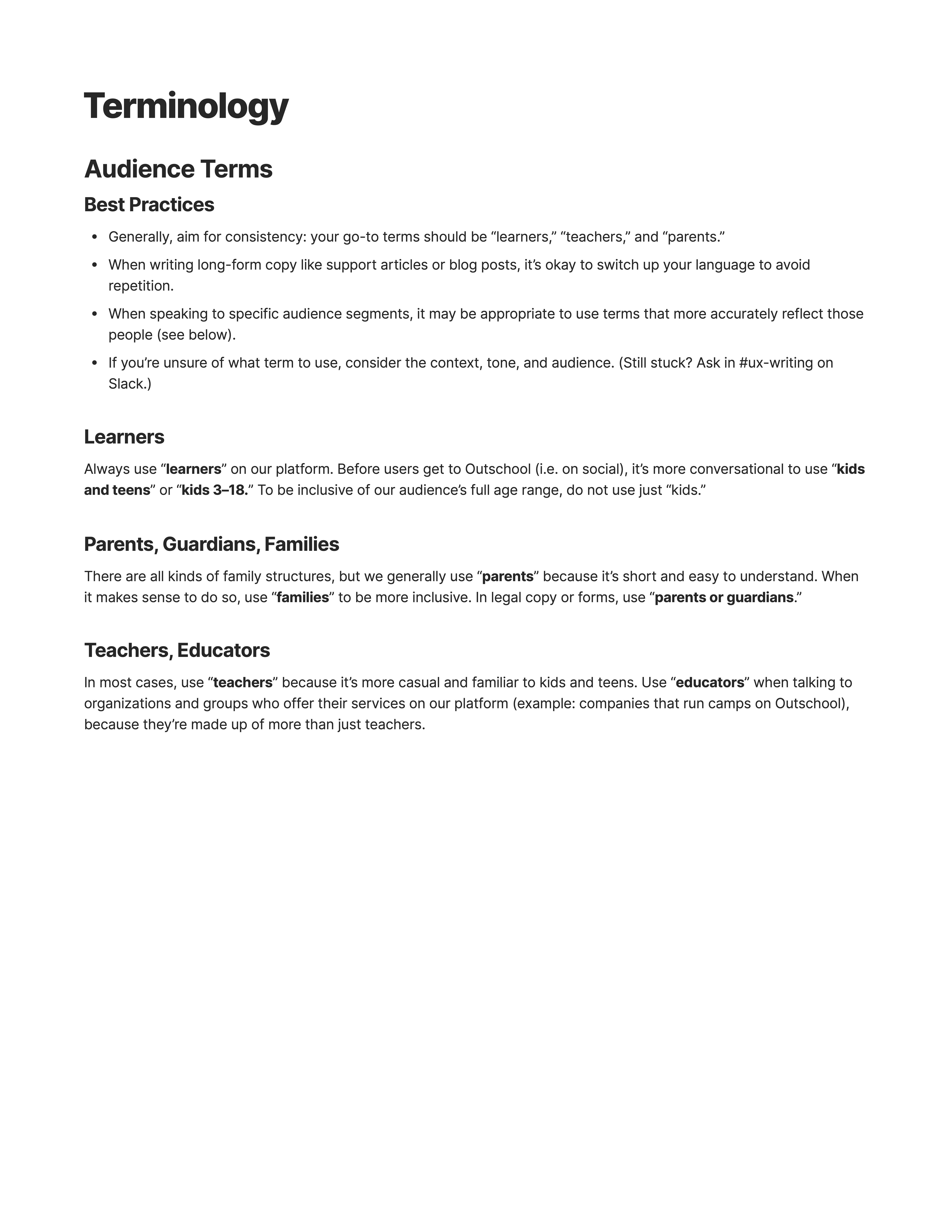 Screenshot of a document containing a list of terminology to use when discussing certain user groups